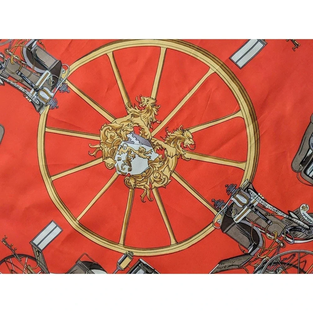 Korean Air Vintage 1980s‎ Equestrian Carriage Print Square Scarf Red Green 34